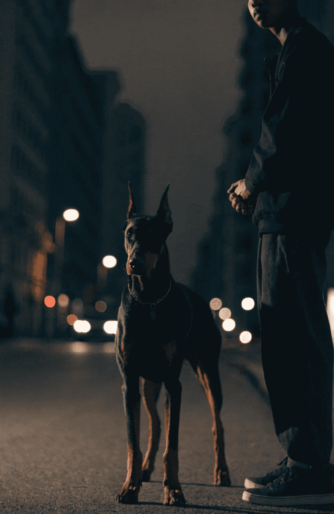 Doberman Pinscher personal protection dog at night