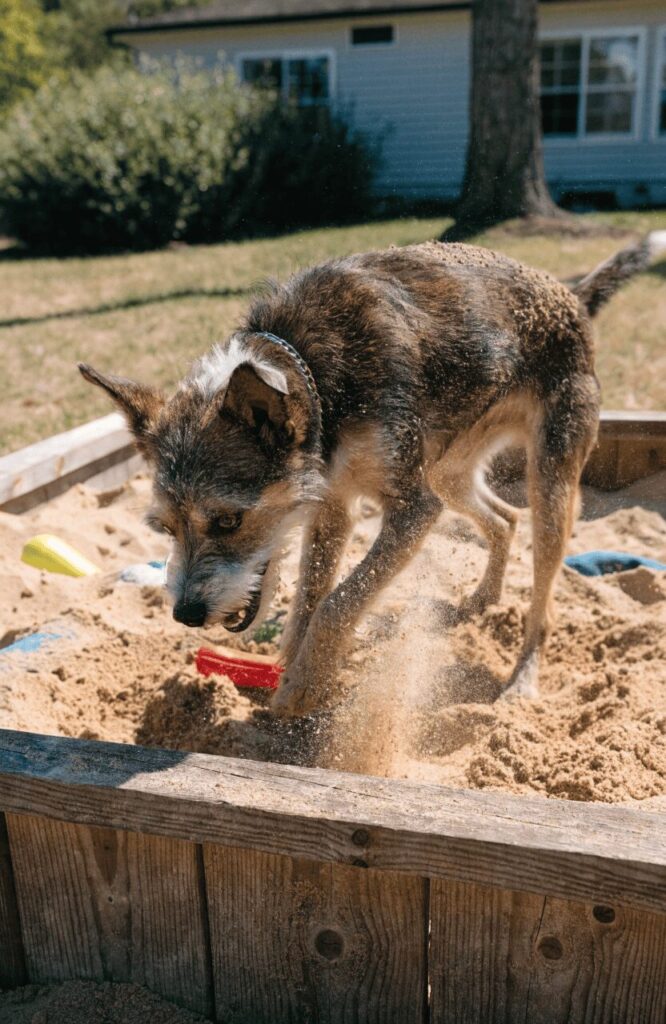 a dedicated digging pit in a dog sensory garden filled with sand and toys
