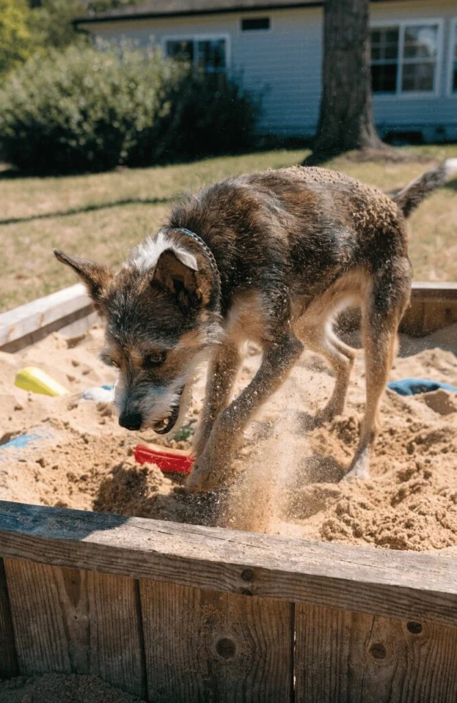 a dedicated digging pit in a dog sensory garden filled with sand and toys