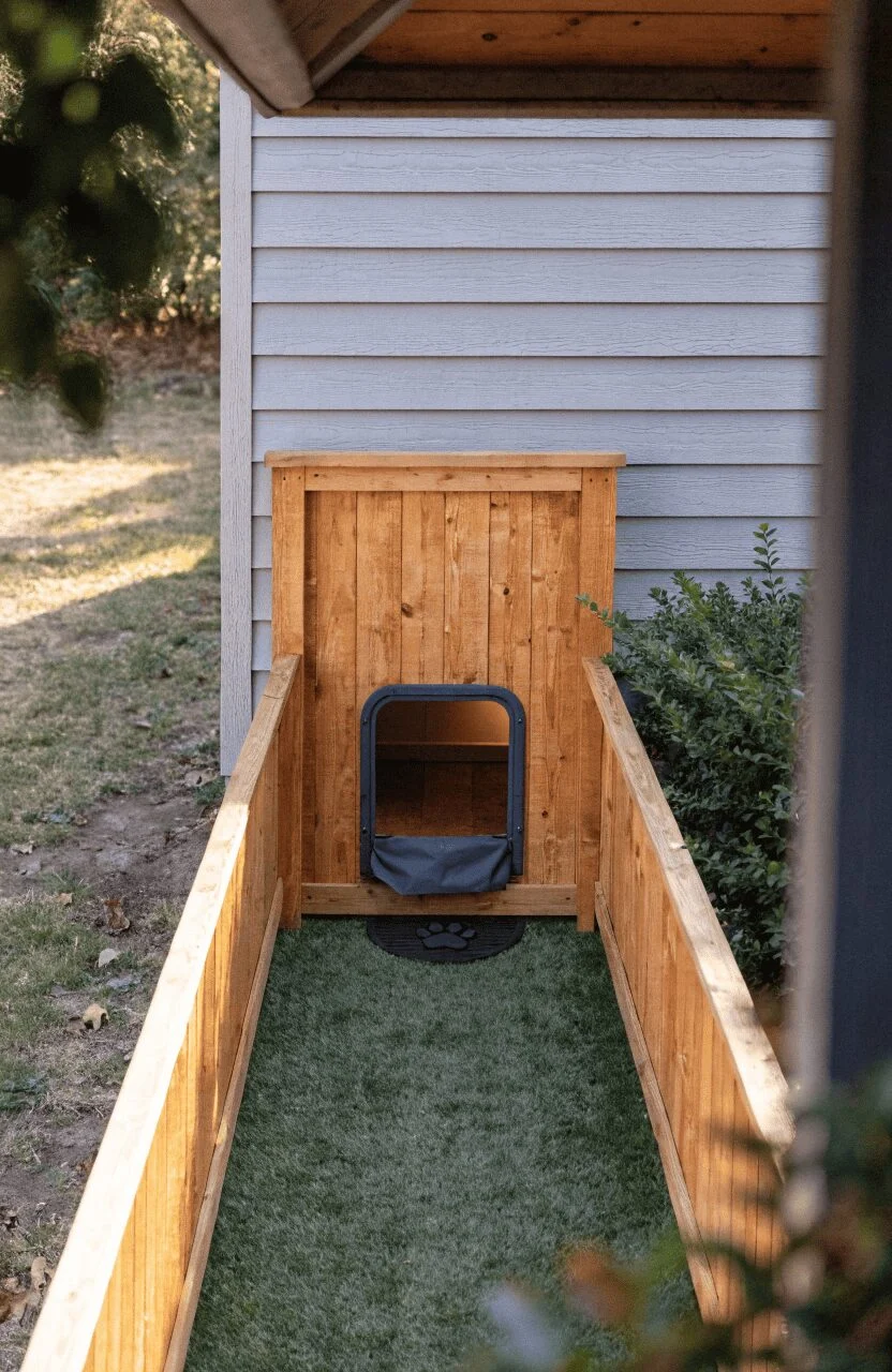 Side-yard dog run integrated with home entry through a dog door in the gate