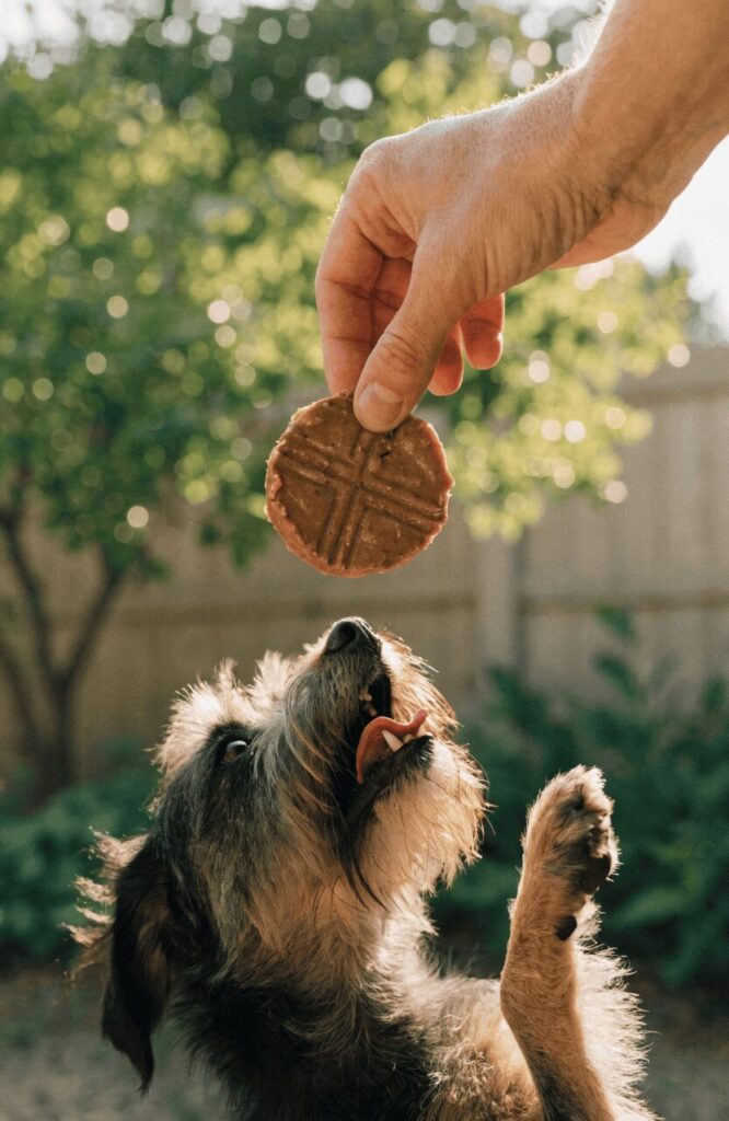 A dog about to eat a round peanut butter oatmeal dog treat in a garden setting