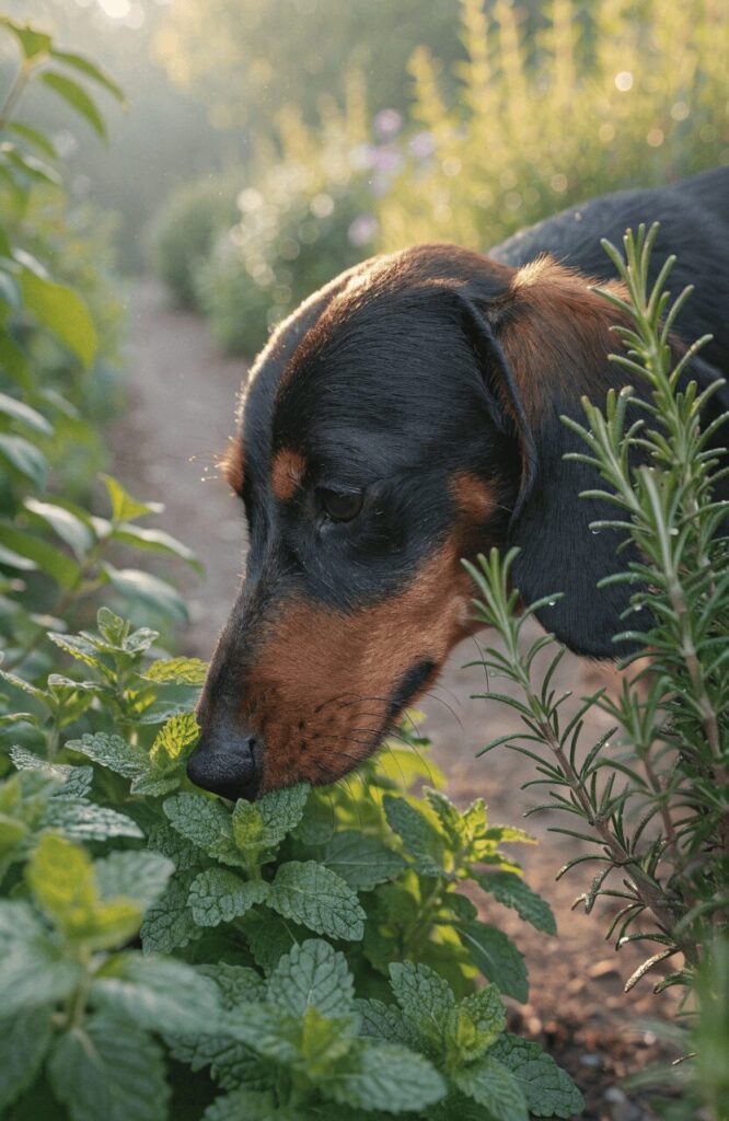 Dog exploring a herb sensory garden trail