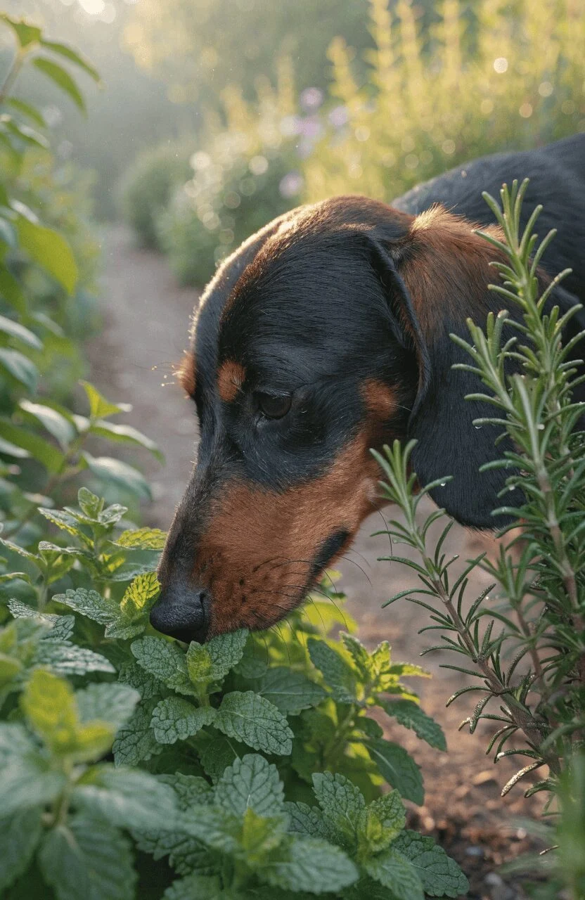 Dog exploring a herb sensory garden trail