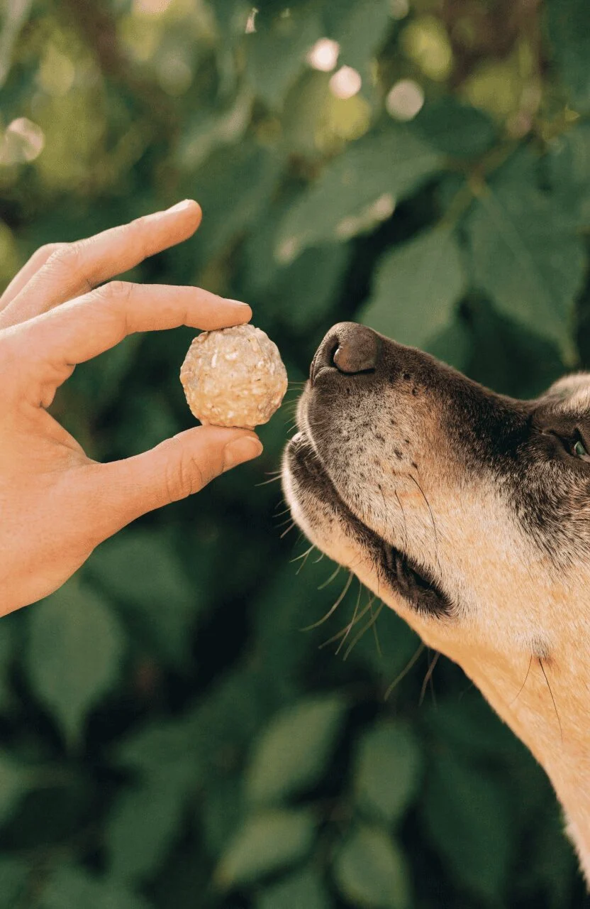 A hand offering a no-bake oatmeal dog treat ball to a dog outside