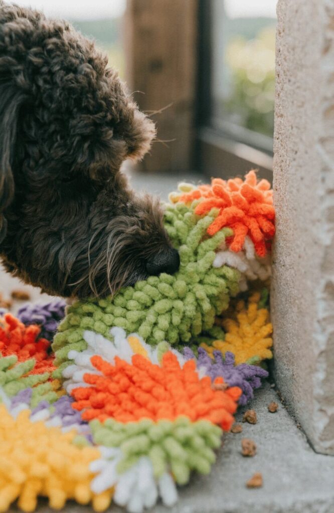 close up of a dog searching a colorful snuffle mat for hidden treats