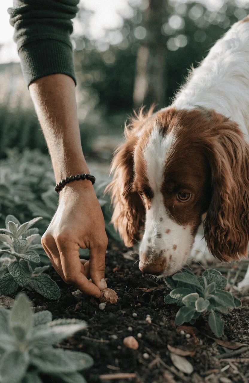 owner hiding treats in a herb filled snuffle patch for a dog to find