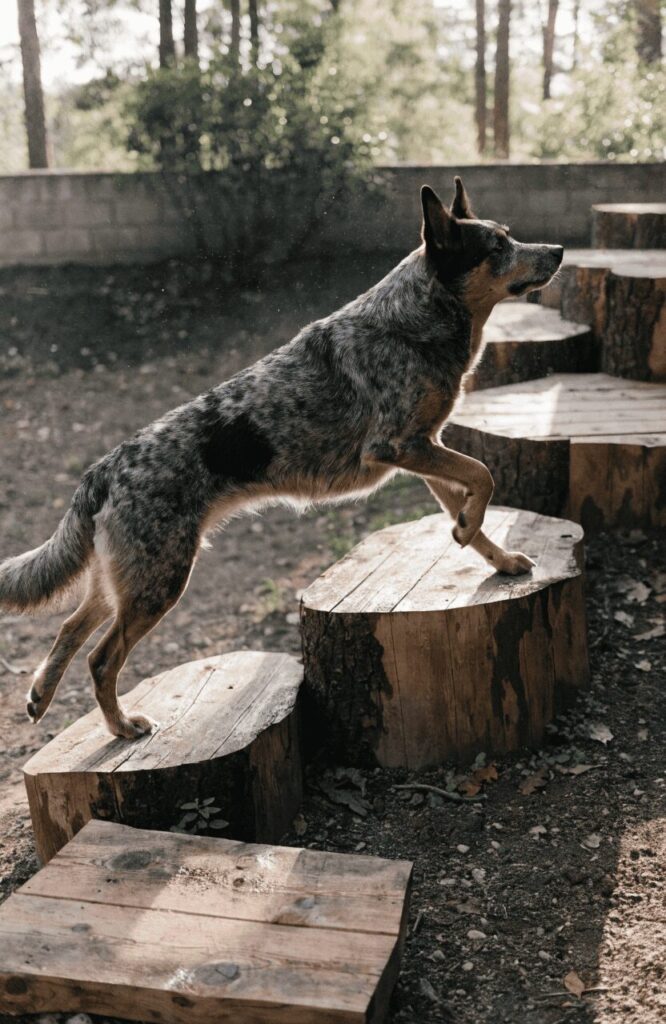 dog stepping confidently across natural log platforms in a garden