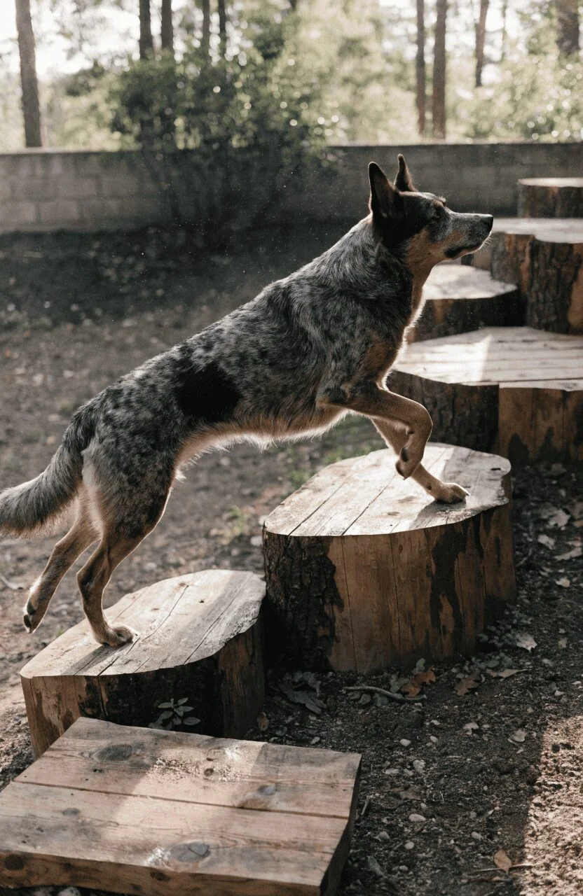 dog stepping confidently across natural log platforms in a garden