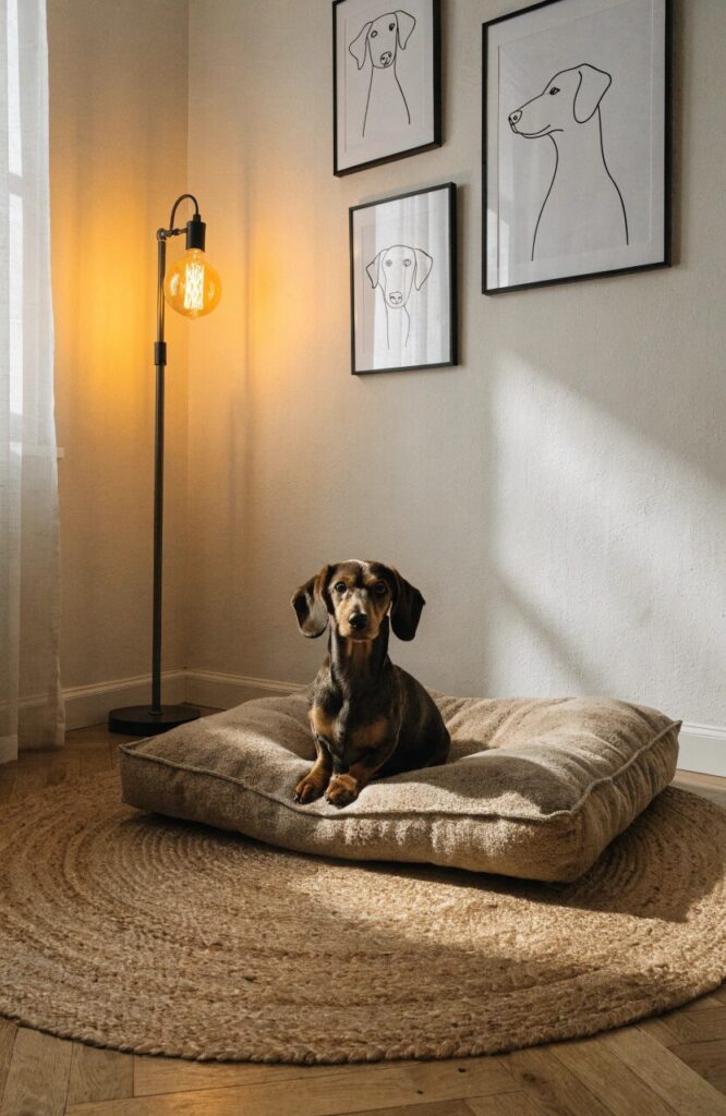 dog bed corner in living room with layered rug and framed wall art above
