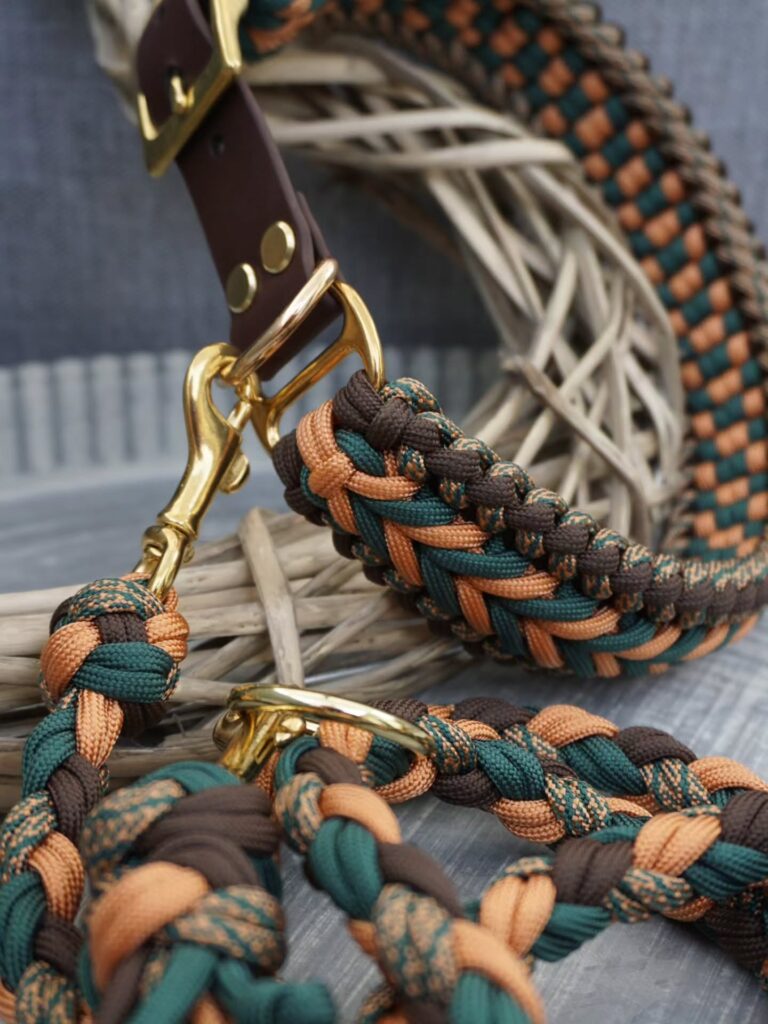earth tone paracord dog collar and leash set with brass hardware