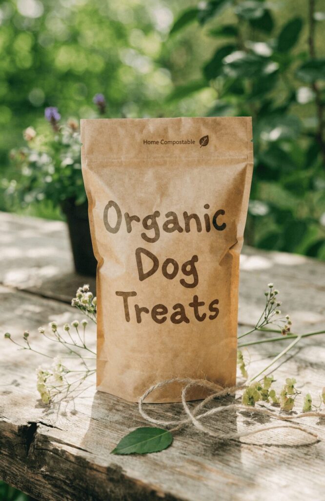 compostable kraft paper dog treat packaging with home compostable label