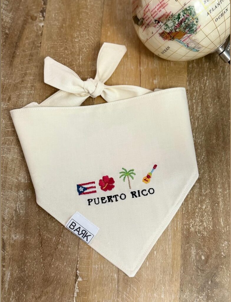 Cream dog bandana with embroidered Puerto Rico flag and palm tree design