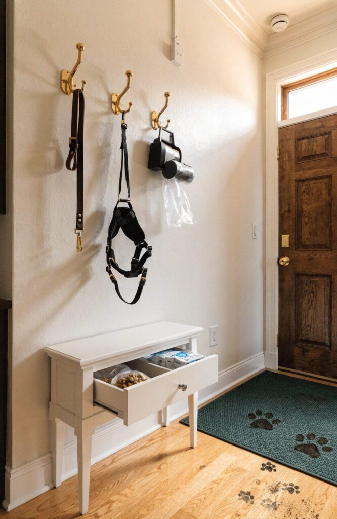 entryway dog command center with wall hooks bench drawer and floor mat