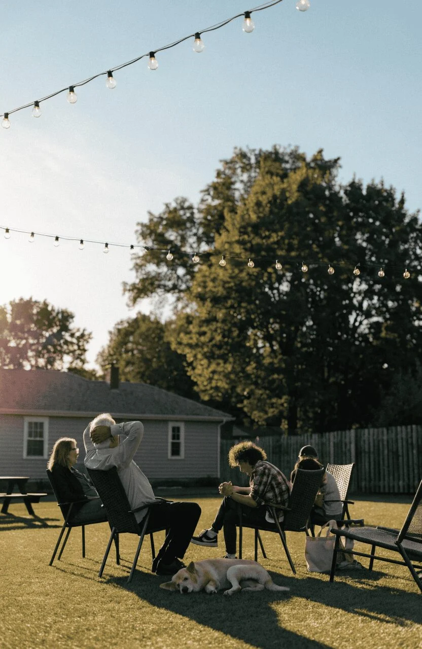 Family relaxing in a backyard with artificial turf and dog