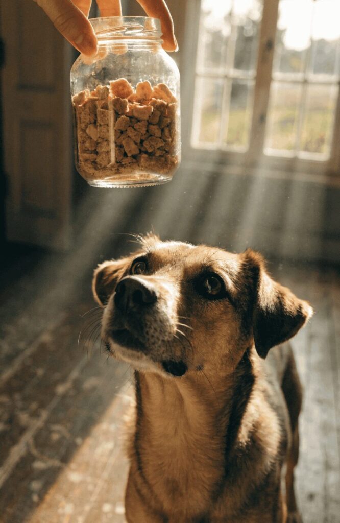 dog looking up at peanut butter banana dry dog food jar in hand