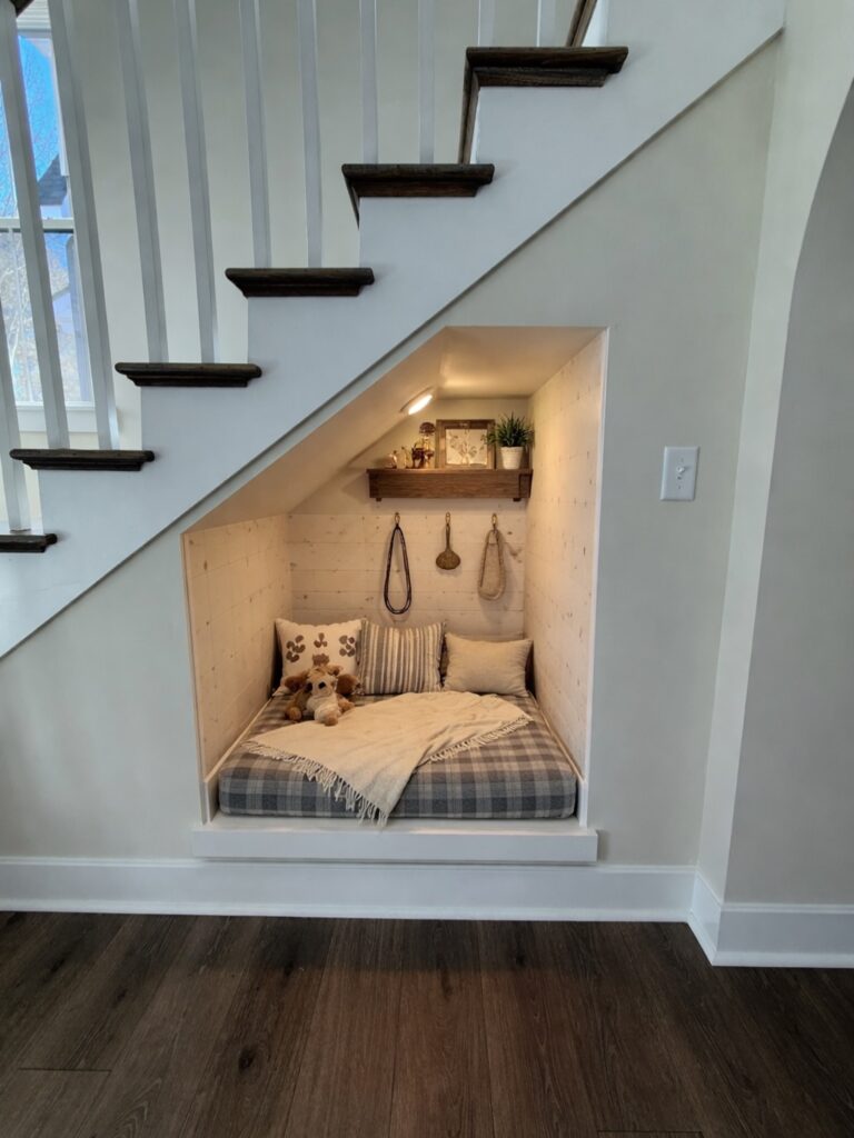 farmhouse under stair dog nook with shiplap walls LED lighting and floating shelf