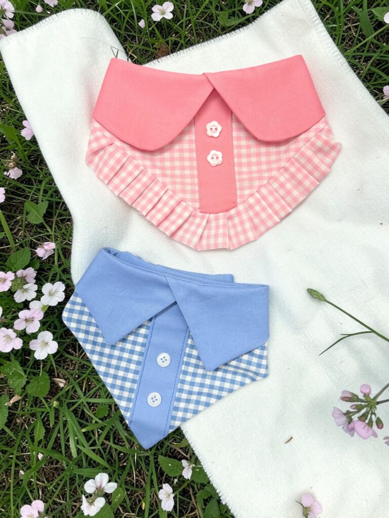 Pink and blue gingham faux shirt collar dog bandanas with button detail
