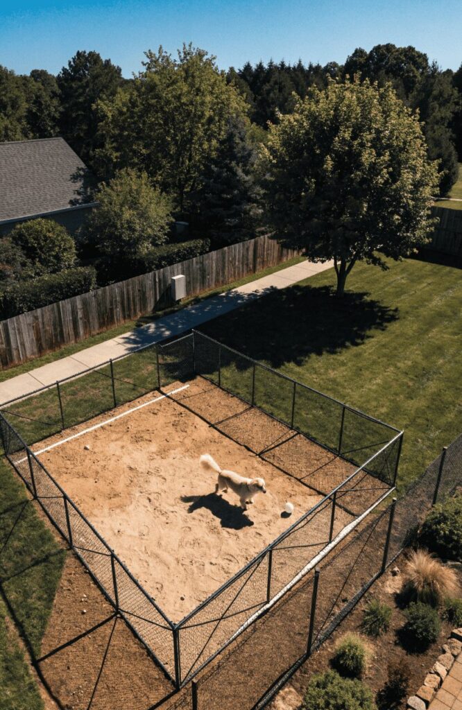 Fenced dog run setup for large dog backyards