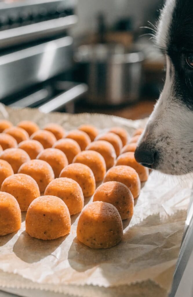 Finished drop-style pumpkin yogurt dog treats arranged on parchment paper