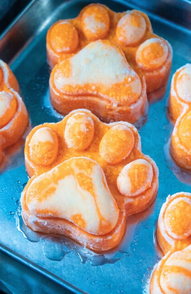 Finished pumpkin yogurt dog treat pops popped out of a silicone mold