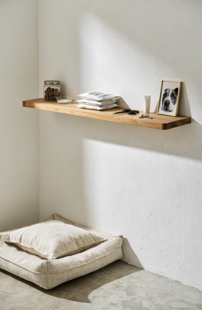 floating shelf above dog bed corner for small apartment dog area