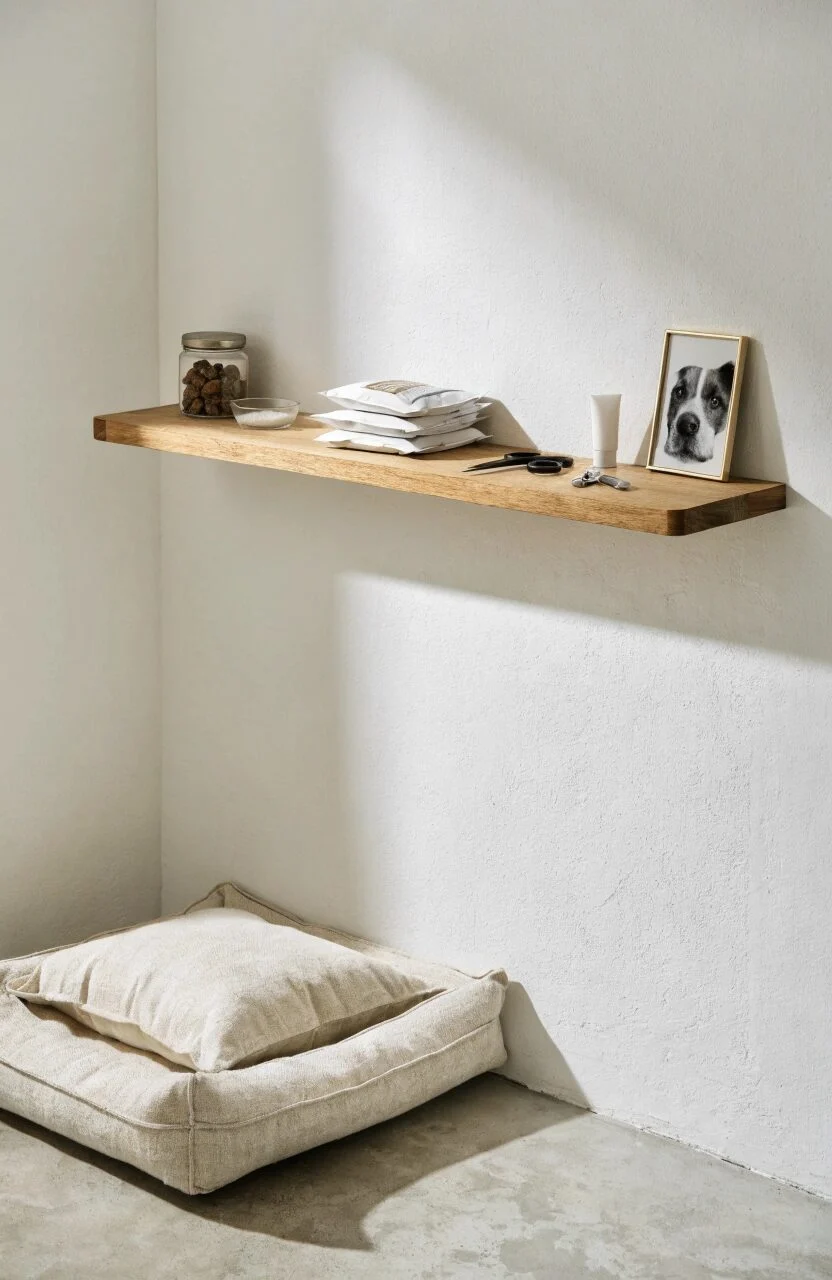 floating shelf above dog bed corner for small apartment dog area