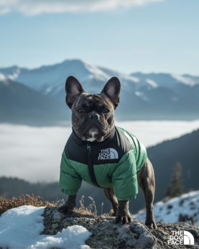 French Bulldog wearing a green color block puffer jacket with sleeves