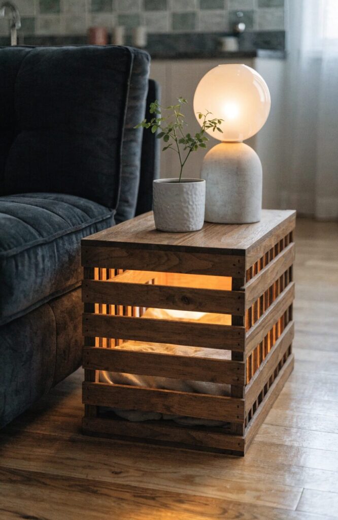 furniture style dog crate doubling as wooden side table in living room