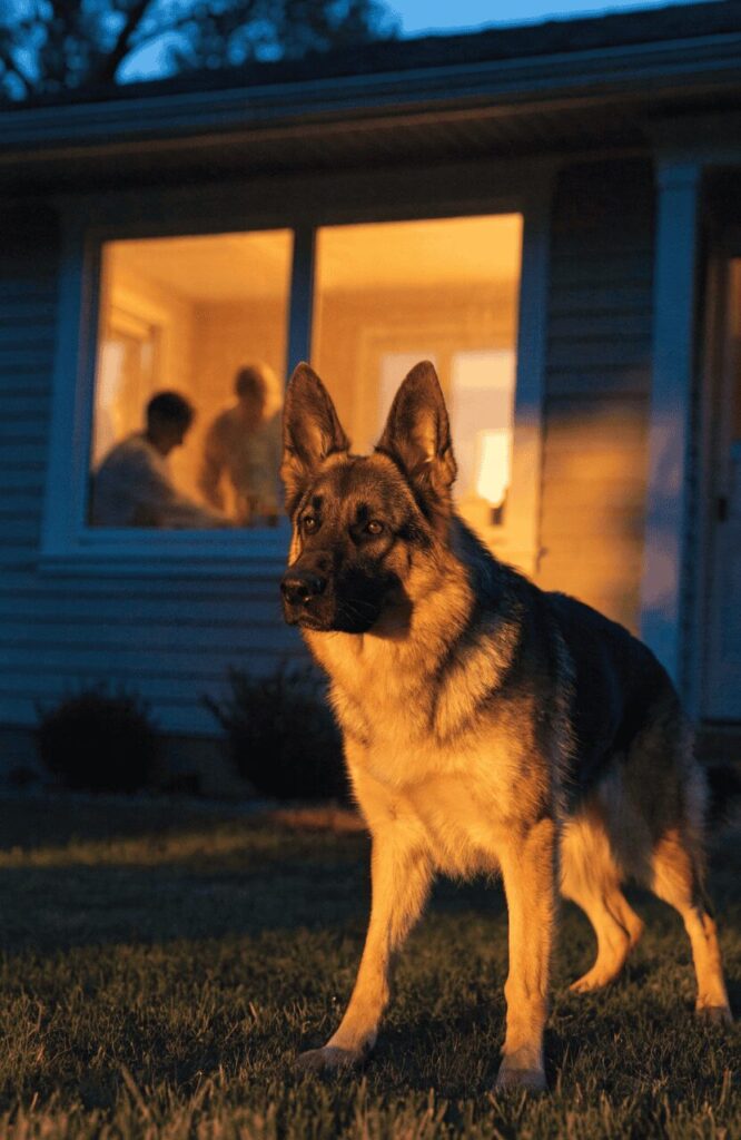 German Shepherd guard dog standing watch at home