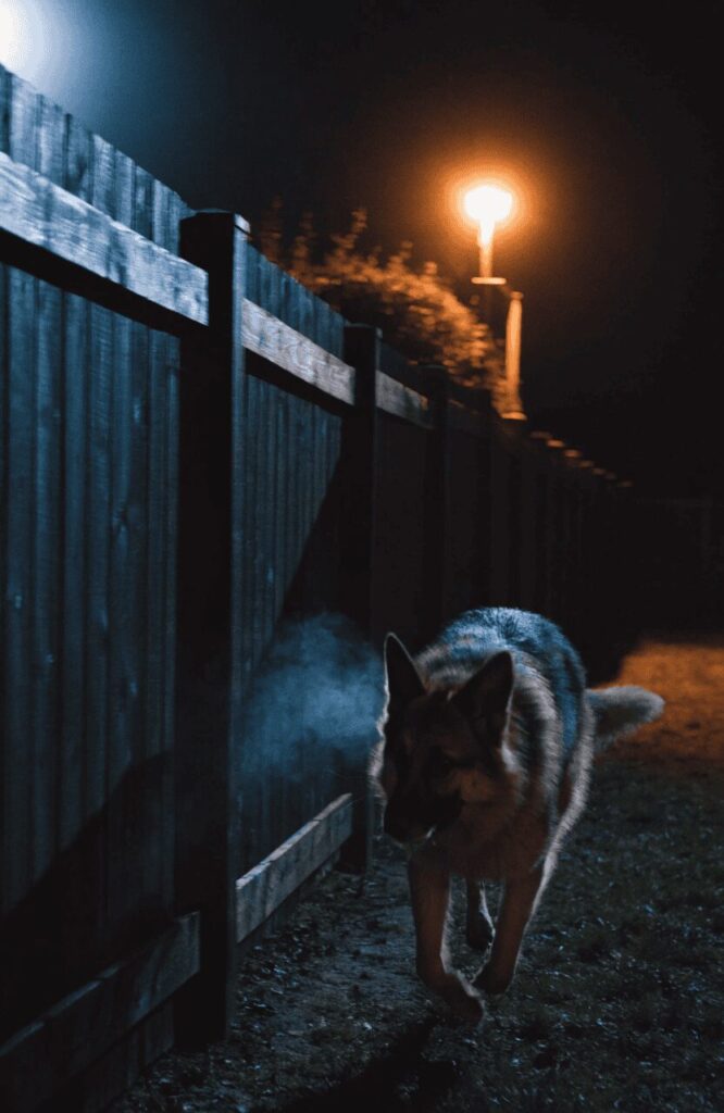 German Shepherd patrolling home perimeter at night