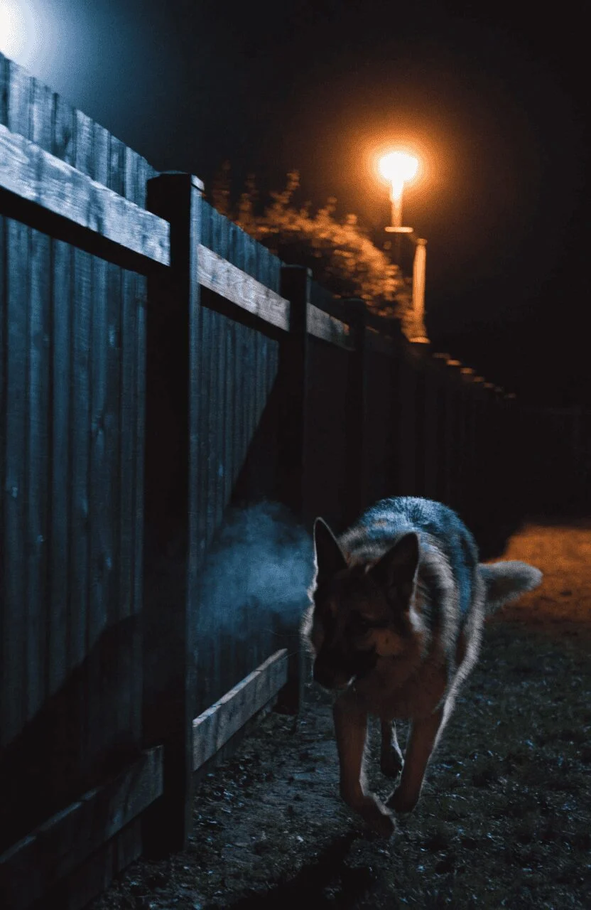 German Shepherd patrolling home perimeter at night
