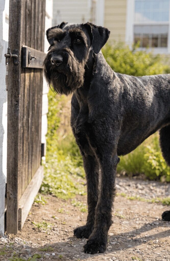 Giant Schnauzer intelligent guard dog at home gate