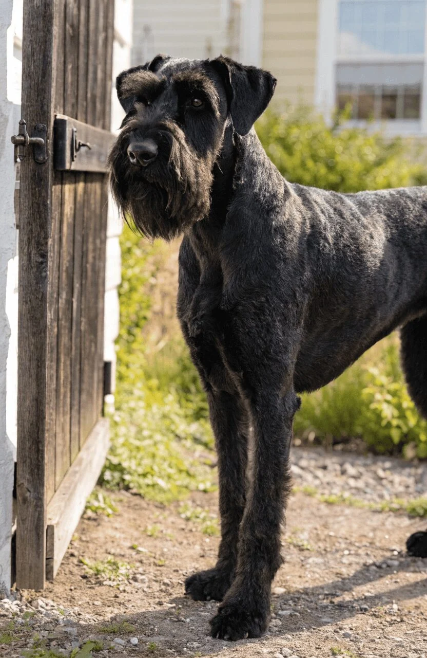 Giant Schnauzer intelligent guard dog at home gate