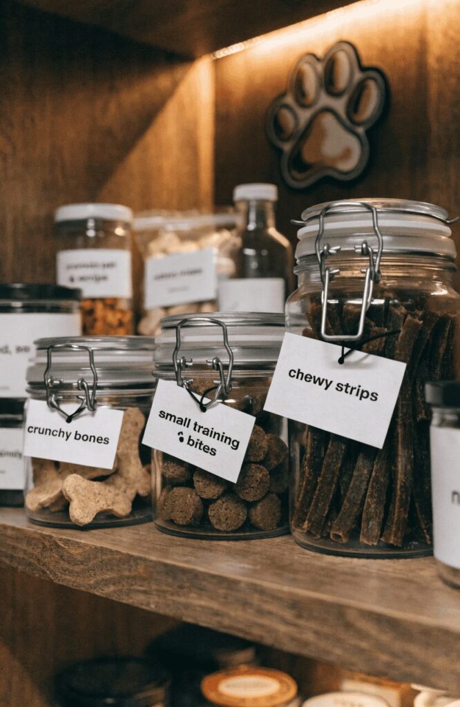 glass airtight jars with labeled homemade dog treats organized in a pantry