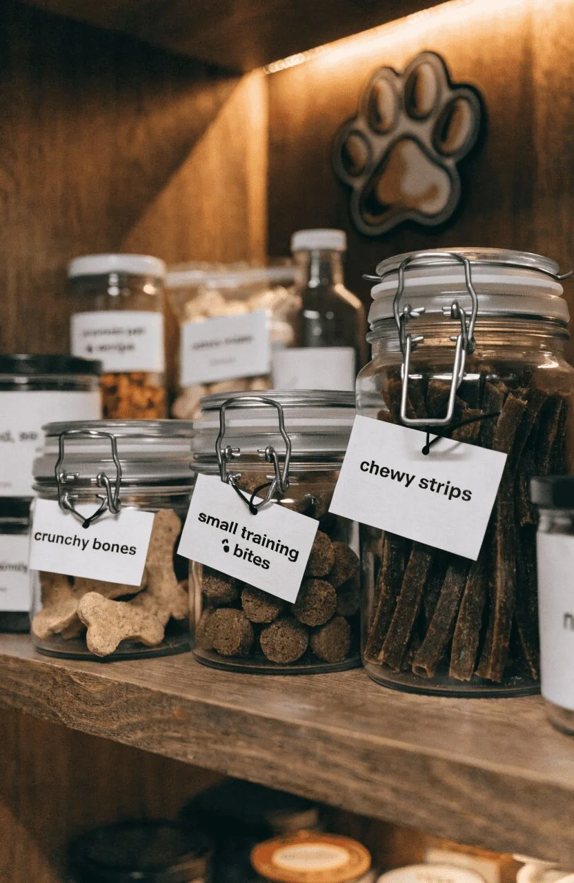 glass airtight jars with labeled homemade dog treats organized in a pantry