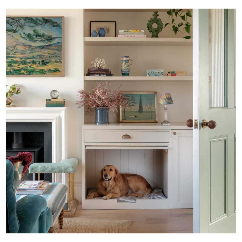 golden retriever resting in built-in dog bed ideas fireplace alcove with shelving above