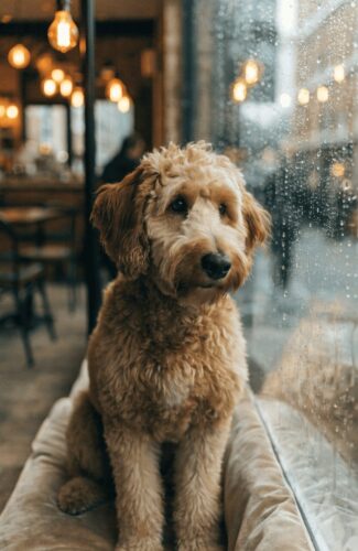 adorable Goldendoodle mixed breed cafe window urban