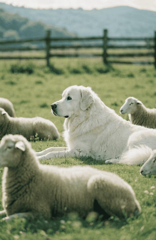 Great Pyrenees livestock guard dog breed resting with sheep on farm