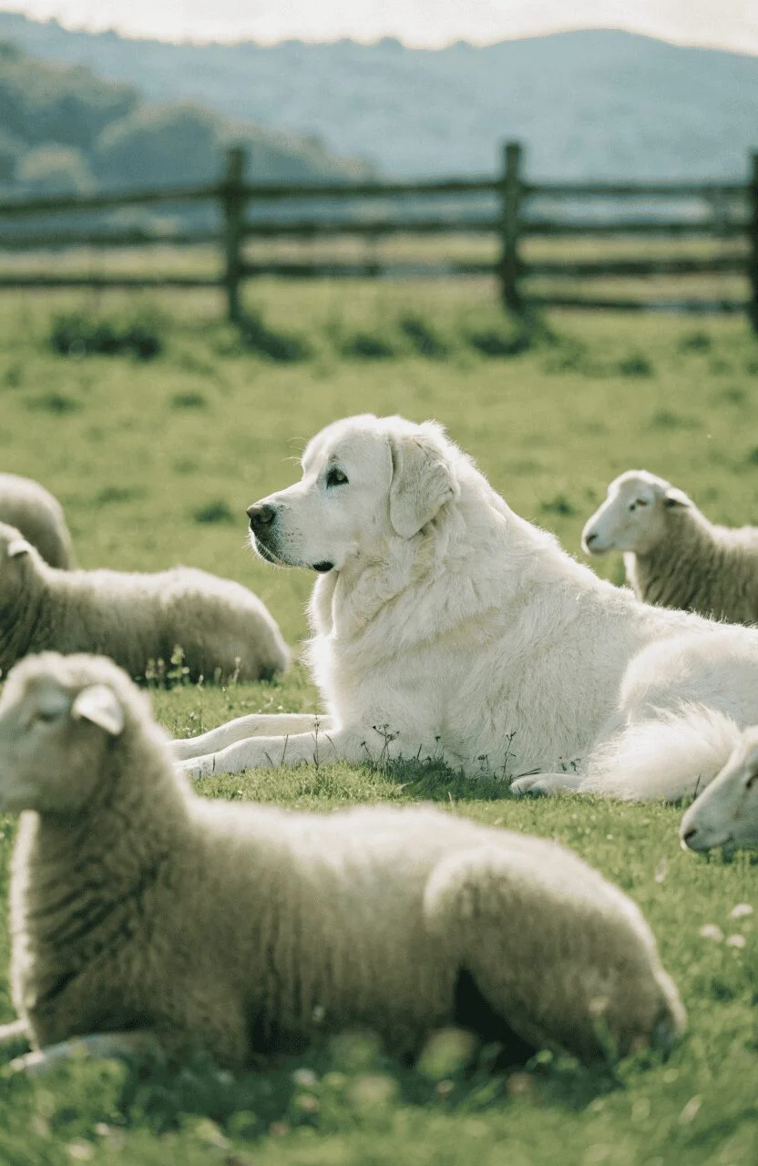Great Pyrenees livestock guard dog breed resting with sheep on farm