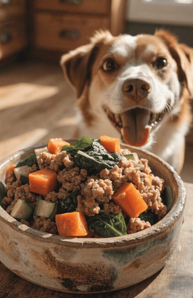 homemade dog food with ground beef and sweet potato