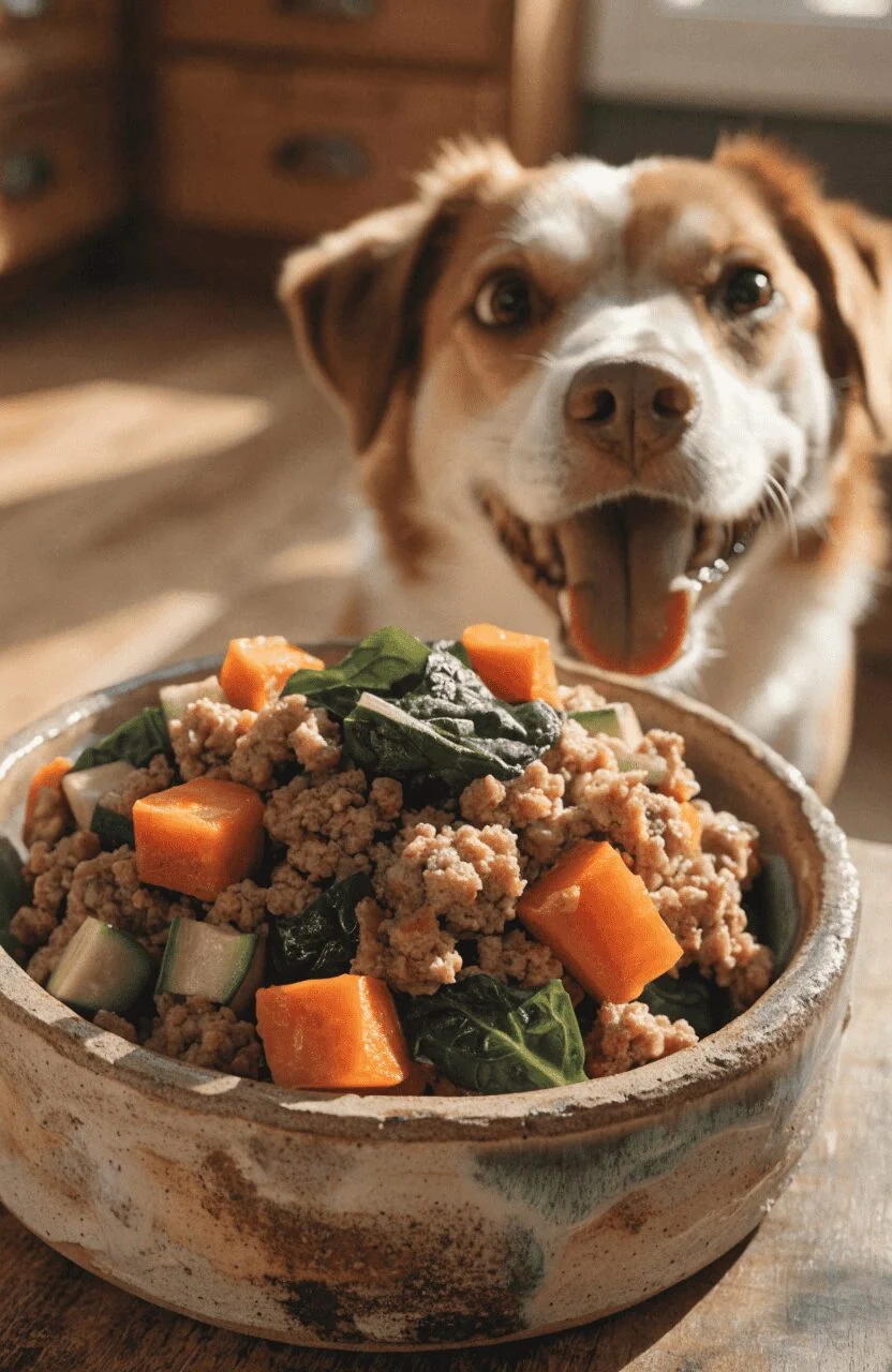homemade dog food with ground beef and sweet potato