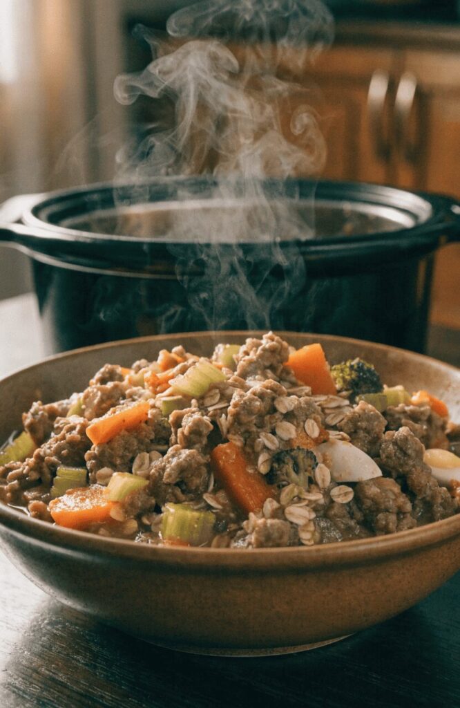 Hearty crockpot dog food stew with ground beef oats and carrots