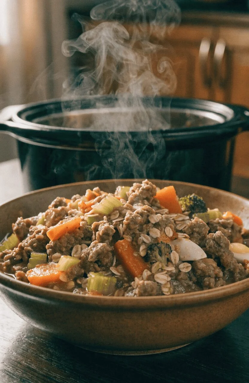 Hearty crockpot dog food stew with ground beef oats and carrots