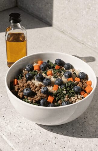 High protein crockpot dog food with ground beef quinoa and blueberries