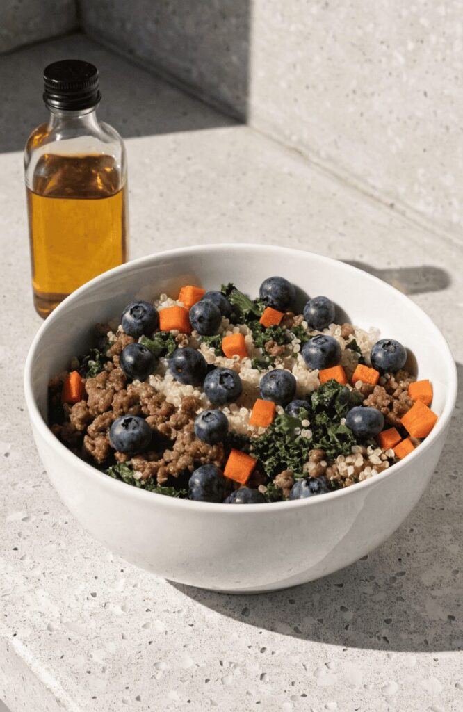 High protein crockpot dog food with ground beef quinoa and blueberries