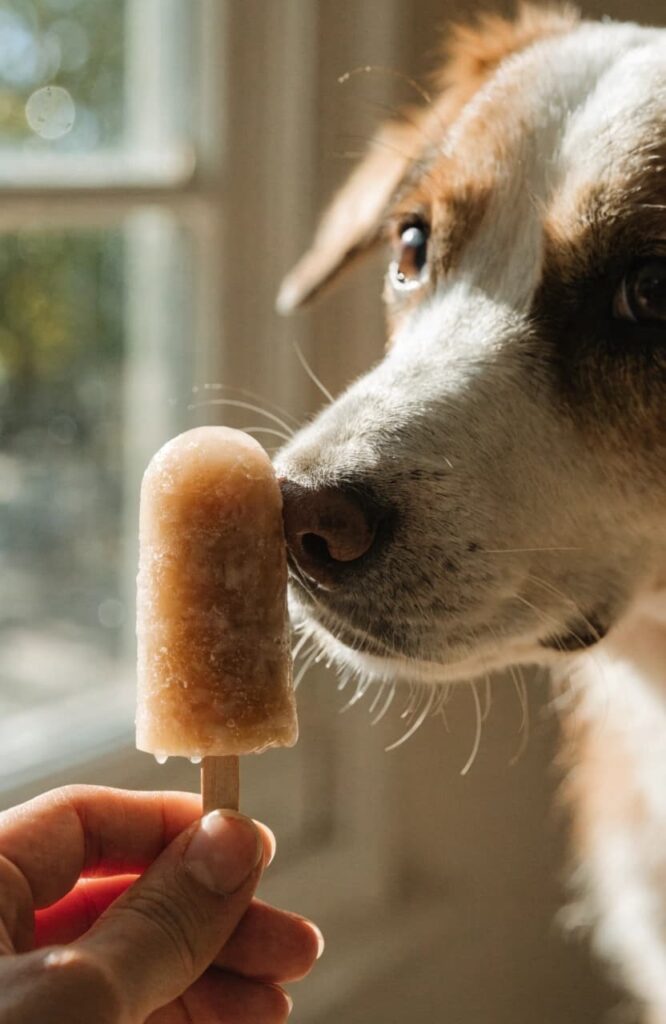 A hand holding a frozen oatmeal pupsicle near a curious dog indoors