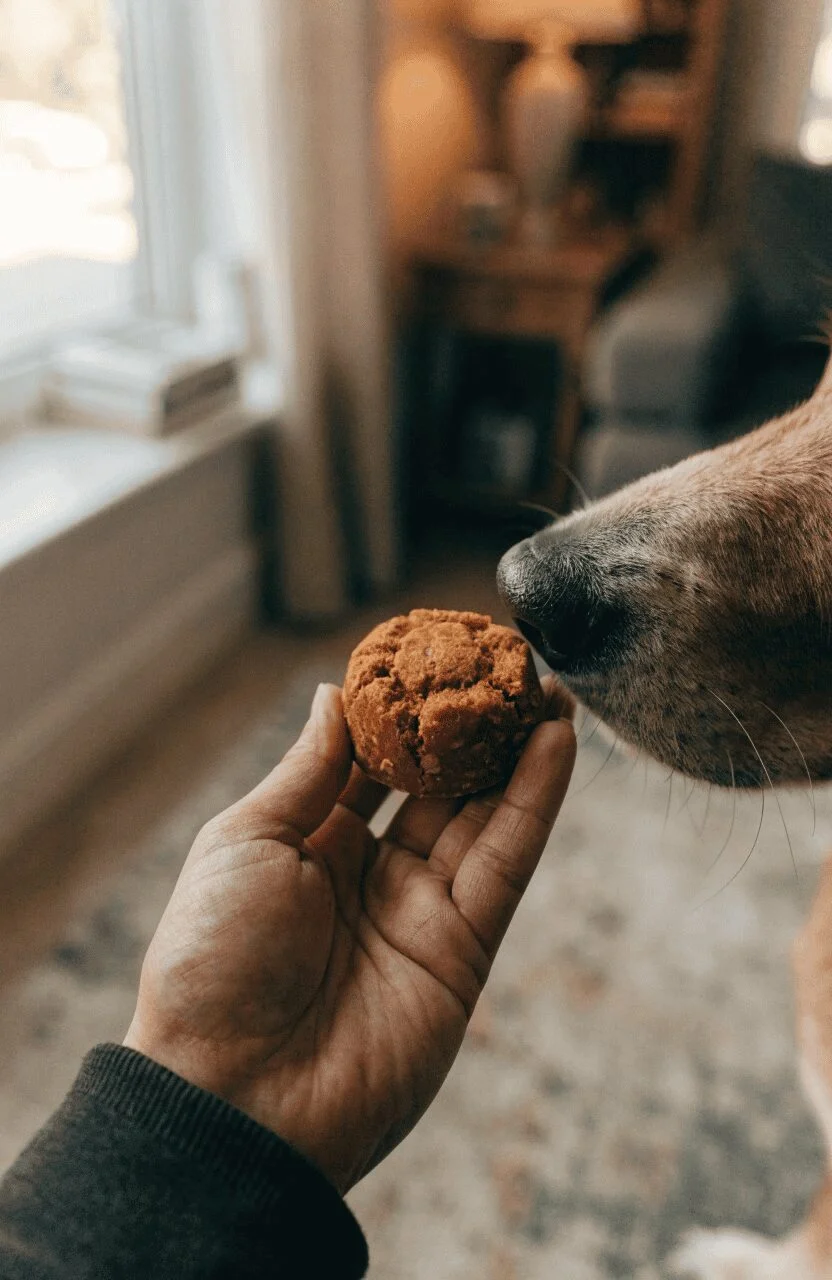 A hand holding a round pumpkin oatmeal dog treat near a curious dog