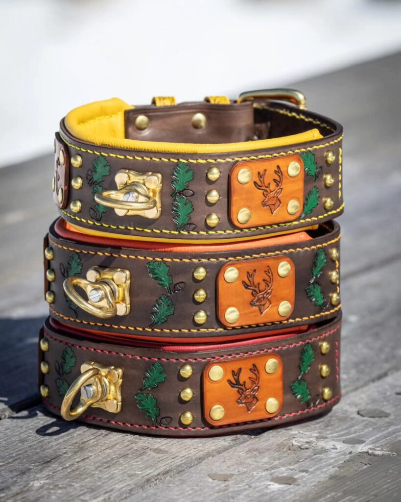 Hand tooled leather dog collar ideas with stag head hunting motif brass studs and colored lining stacked