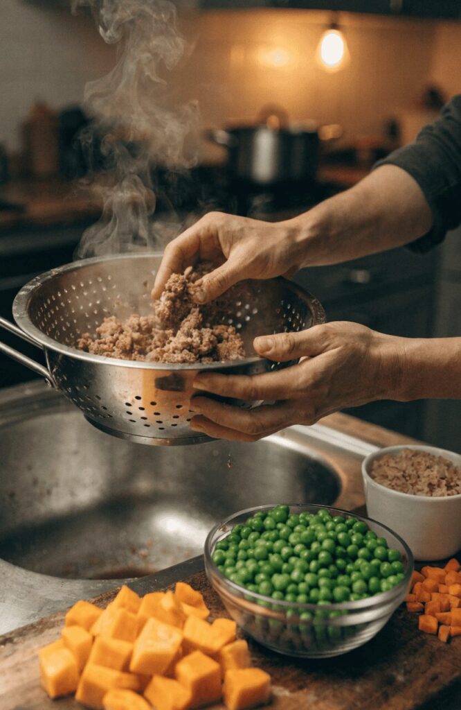 Hands preparing fresh ingredients for homemade crockpot dog food