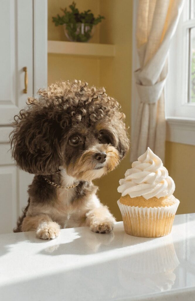 Havanese cupcake cut sitting beside real cupcake